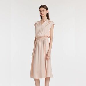 NWT Goelia 22 Momme Mulberry Silk Gathered Waist Women Midi Dress Size L 8/10